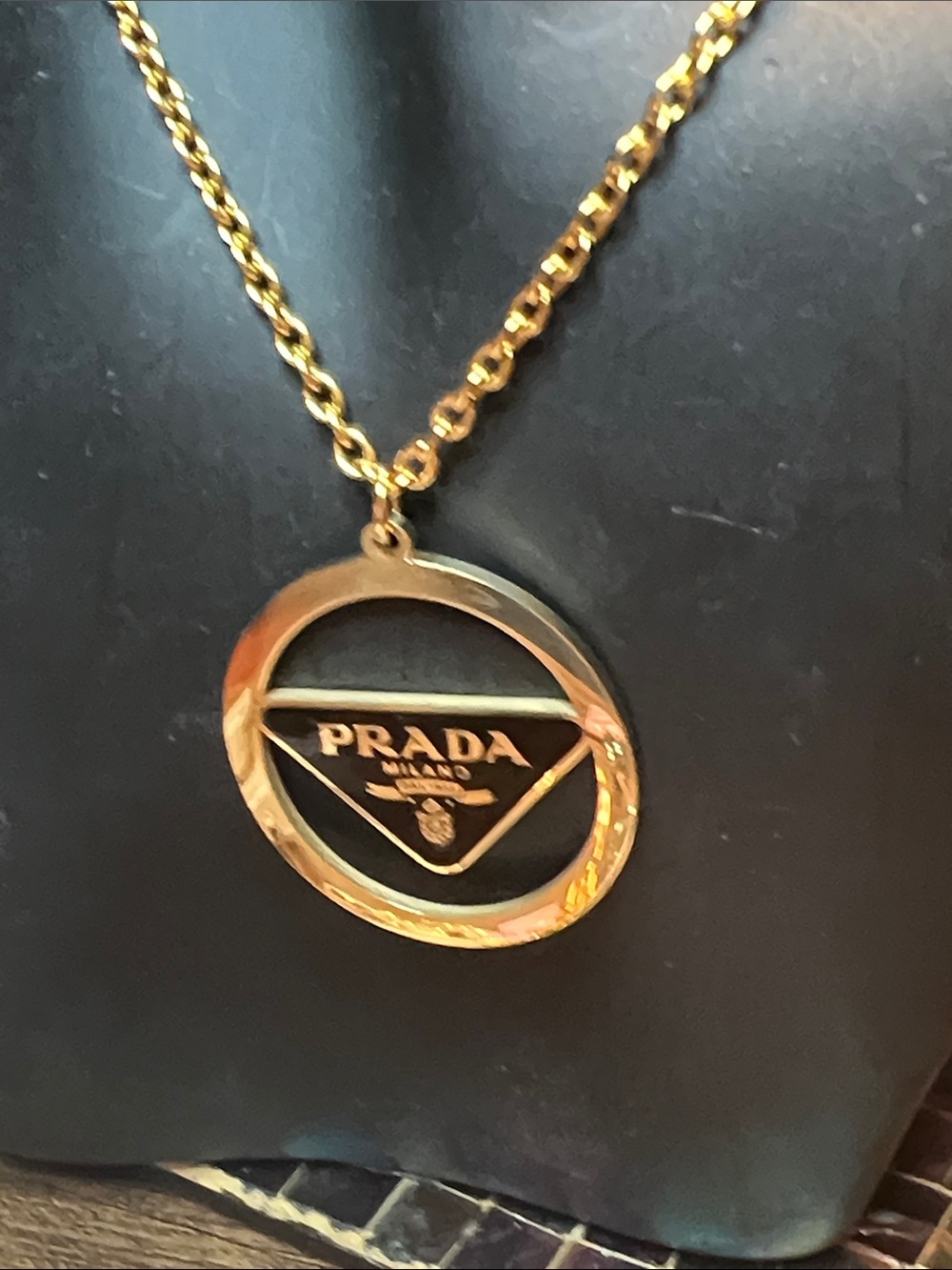 Up Cycled Gold-Tone Logo Circle Pendant Necklace with Black Enamel Triangle - Picture 3 of 6